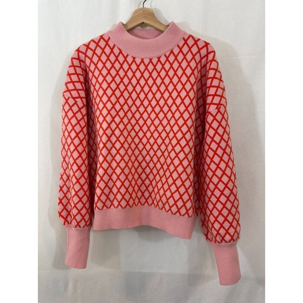 Magnolia Boutique Pink Lattice Cozy Cottagecore Fall Feminine Sweater M Balloon
